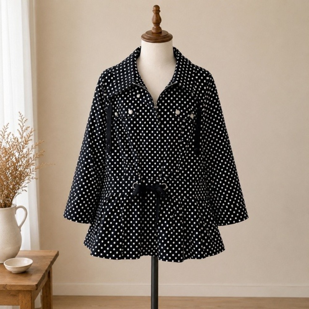 Laura Ashley Polka Dot Peplum Jacket Womens L Black White Zip Snap